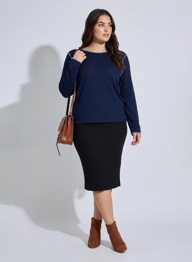 Styli Plus Size Navy Blue Contrast Stitching Ribbed Knit Top - Image 2