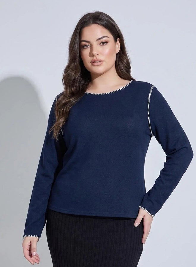 Styli Plus Size Navy Blue Contrast Stitching Ribbed Knit Top - Image 1