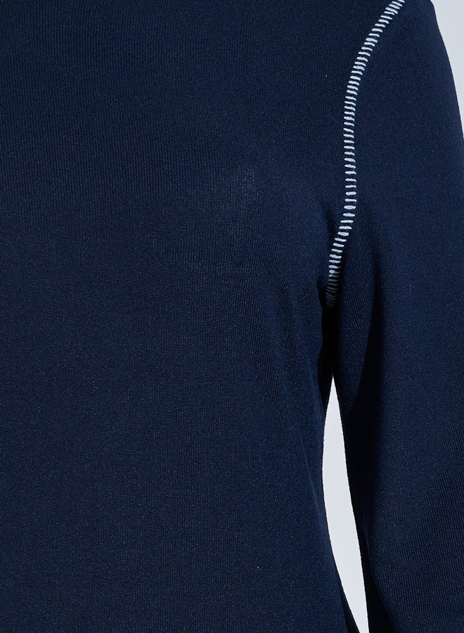 Styli Plus Size Navy Blue Contrast Stitching Ribbed Knit Top - Image 3
