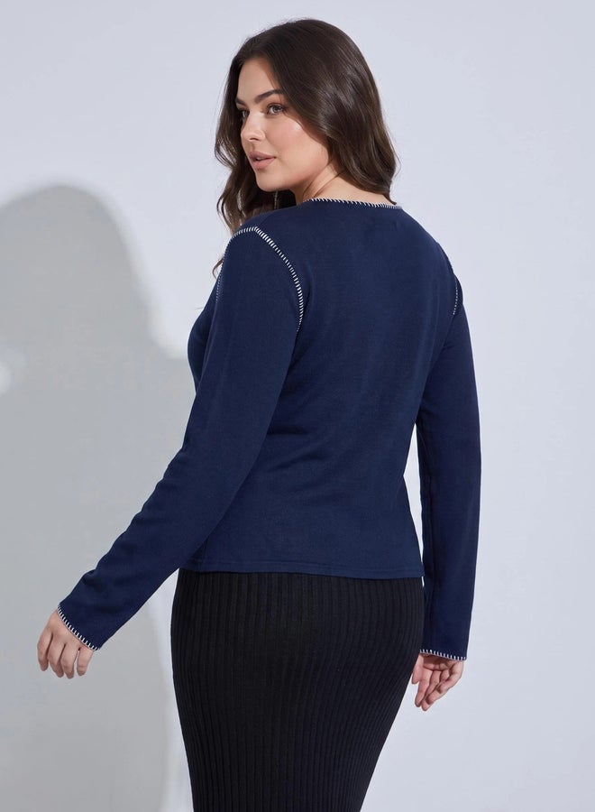 Styli Plus Size Navy Blue Contrast Stitching Ribbed Knit Top - Image 4
