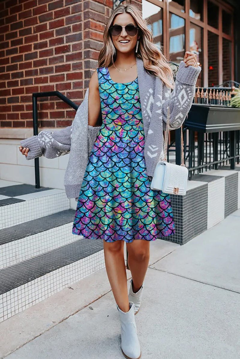 uideazone Women Ladies Mermaid Fish Scale Printed Sleeveless Tank Flare A-line Dresses Sundress for Casual Summer Party Beach - Image 3