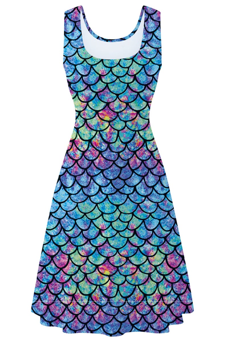 uideazone Women Ladies Mermaid Fish Scale Printed Sleeveless Tank Flare A-line Dresses Sundress for Casual Summer Party Beach - Image 2