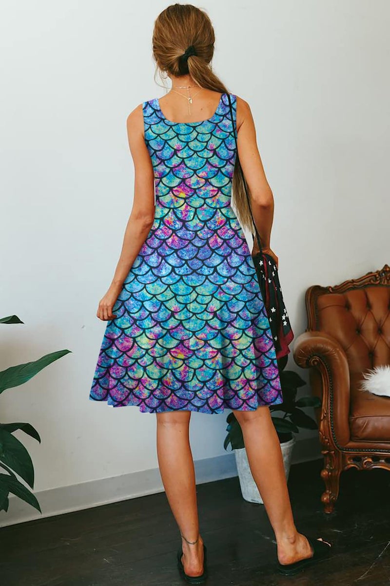 uideazone Women Ladies Mermaid Fish Scale Printed Sleeveless Tank Flare A-line Dresses Sundress for Casual Summer Party Beach - Image 5