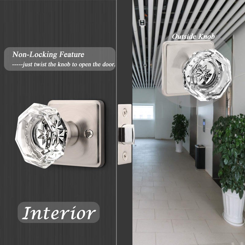 Orger Passage Glass Door Knob For Interior Hall And Closet, Clear Crystal Door Knobs In Satin Nickel Finish, Keyless Non-Locking Door Handles With Square Back Plate, 6 Pack - Image 4