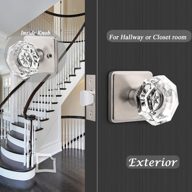Orger Passage Glass Door Knob For Interior Hall And Closet, Clear Crystal Door Knobs In Satin Nickel Finish, Keyless Non-Locking Door Handles With Square Back Plate, 6 Pack - Image 3
