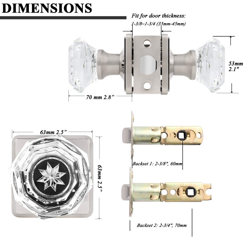 Orger Passage Glass Door Knob For Interior Hall And Closet, Clear Crystal Door Knobs In Satin Nickel Finish, Keyless Non-Locking Door Handles With Square Back Plate, 6 Pack - Image 5