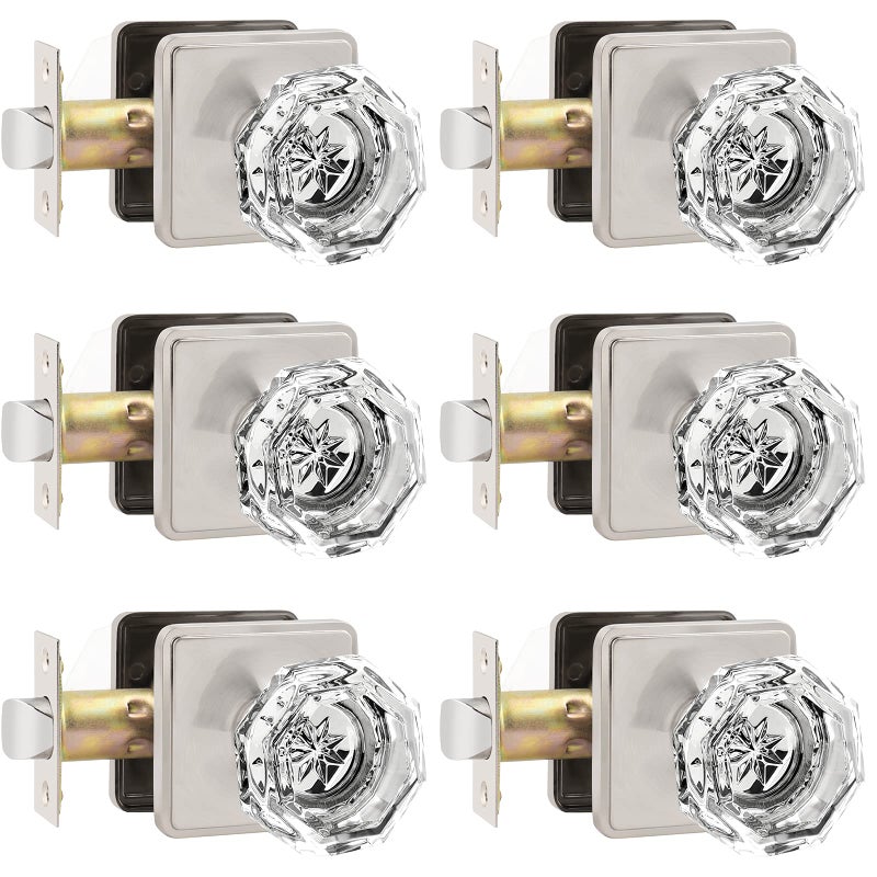 Orger Passage Glass Door Knob For Interior Hall And Closet, Clear Crystal Door Knobs In Satin Nickel Finish, Keyless Non-Locking Door Handles With Square Back Plate, 6 Pack - Image 1