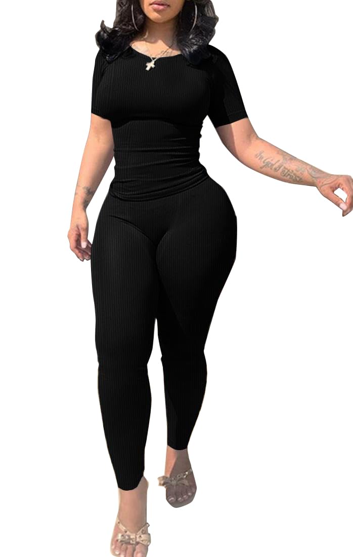 PINSV 2 Piece Sets for Women Summer Casual Jogger Workout Outfits Fitted Crew Neck T-shirt High Waist Legging Sets Black XL - Image 1
