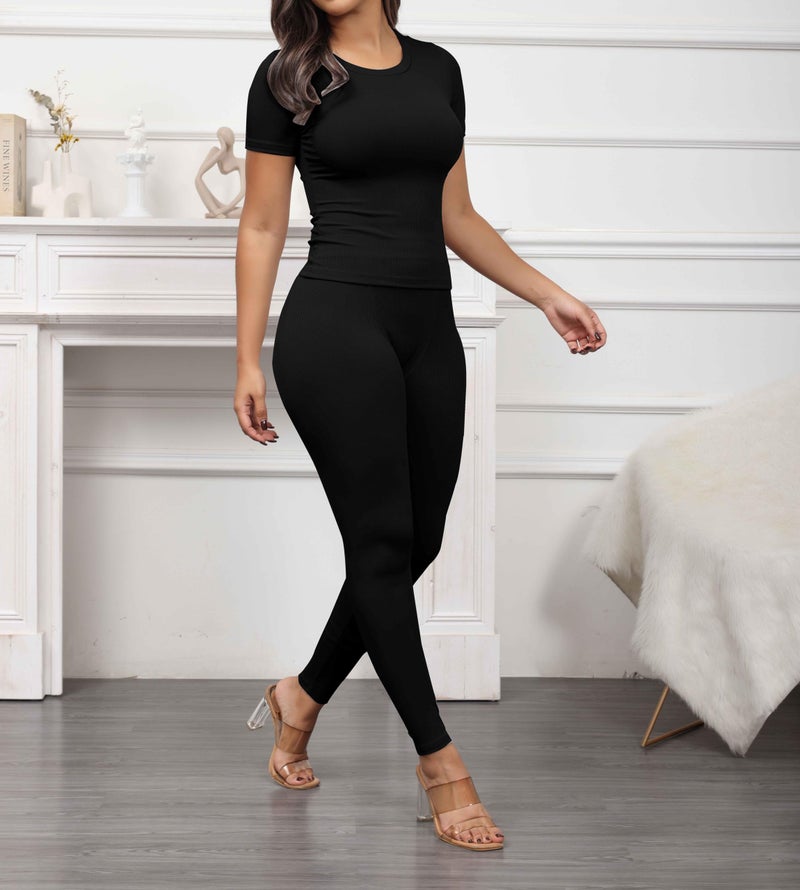 PINSV 2 Piece Sets for Women Summer Casual Jogger Workout Outfits Fitted Crew Neck T-shirt High Waist Legging Sets Black XL - Image 3