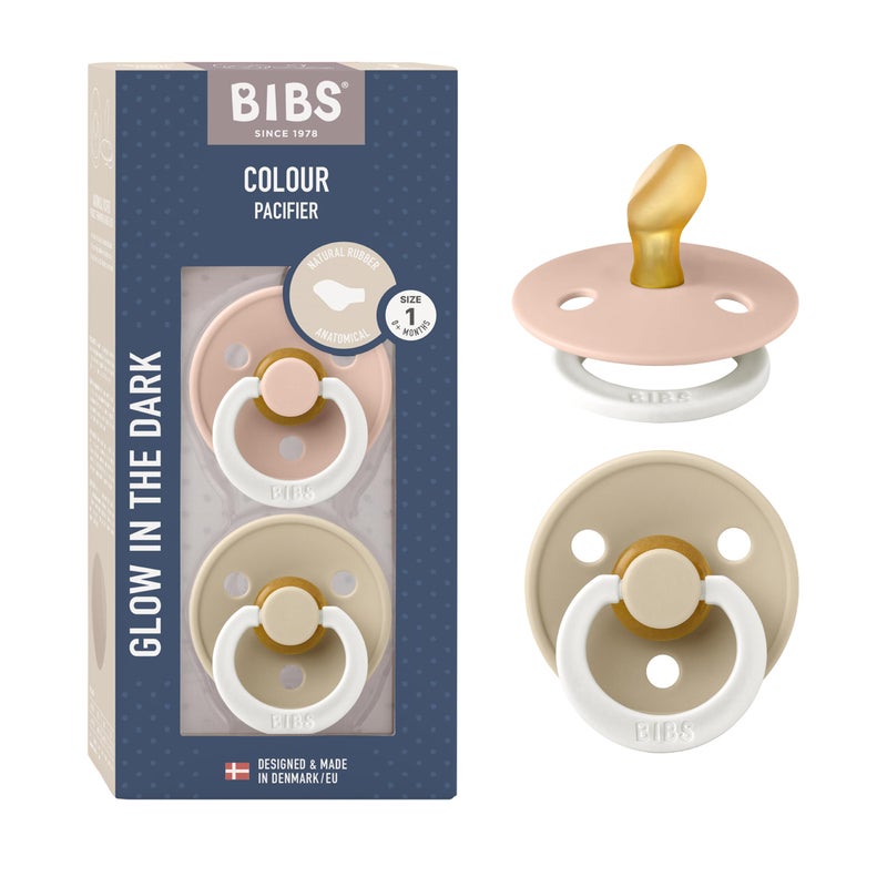 BIBS Pacifiers 0-6 Months | 2-Pack Soothers | Anatomical Nipple | BPA-Free Natural Rubber | Made in Denmark | Blush Glow/Vanilla Glow Colour Pacifier - Image 1