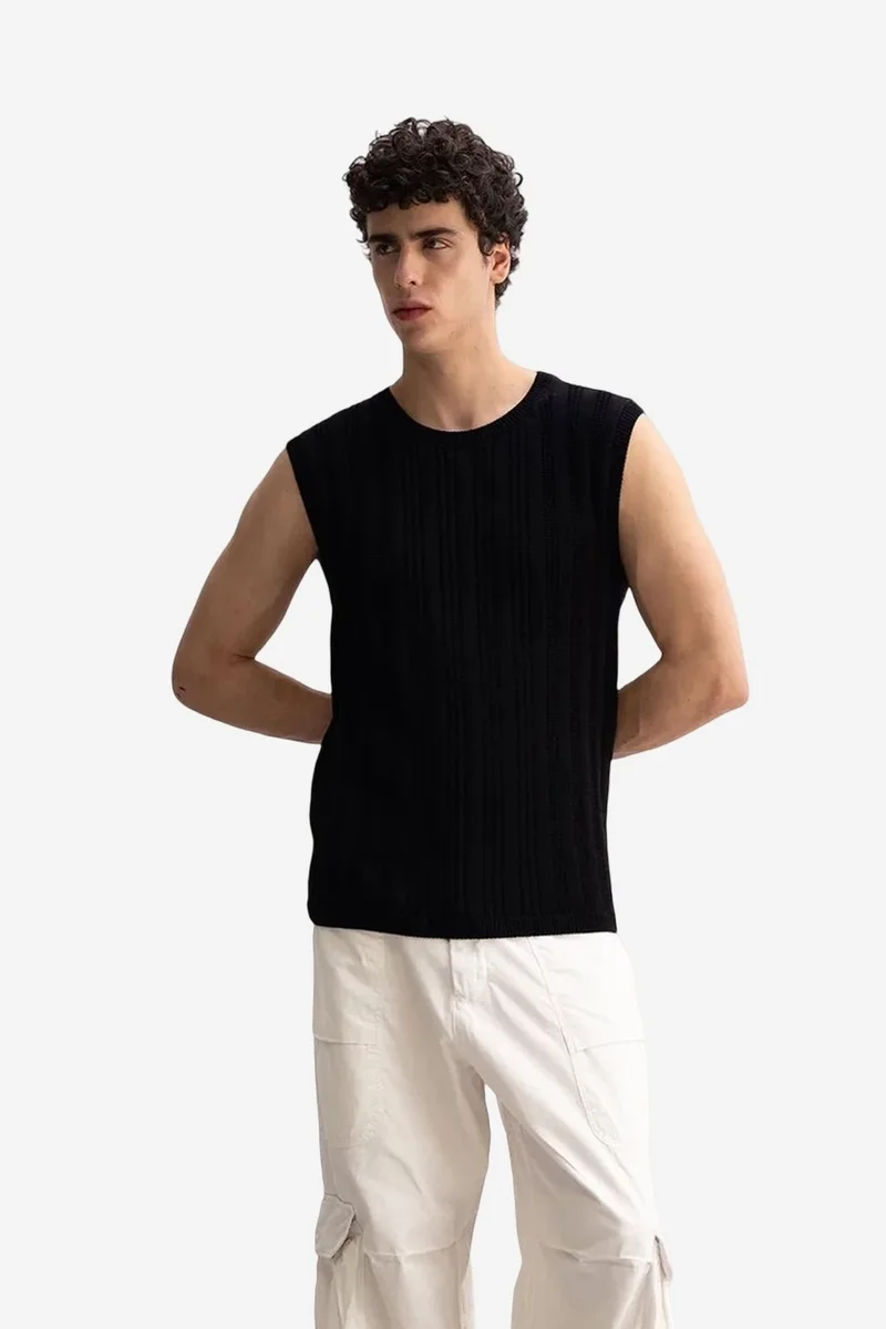 Giesto Black GIESTO Ribbed Crew Neck Sleeveless T-Shirt for Men | Best Price UAE