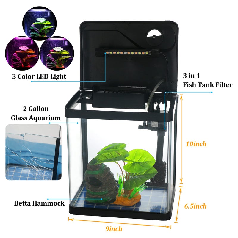 COOSPIDER Betta Fish Tank Self Cleaning Glass 2 Gallon Small Nano Aquarium Starter Kits Desktop Room Decor w/LED Light Decorations & Whisper Filters Water Pump (Fish Tank) - Image 2