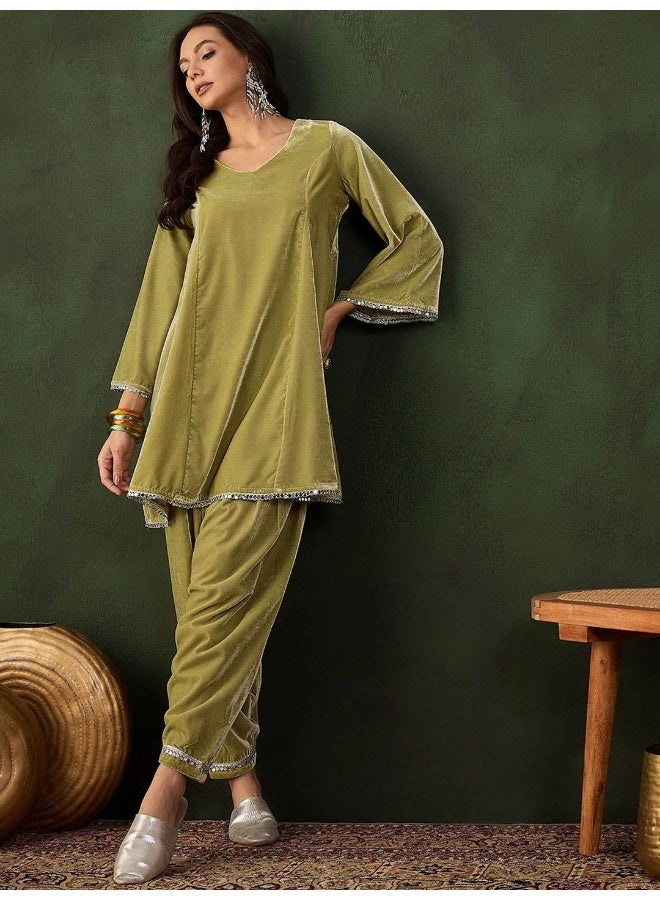 AKS Mehendi Green Velvet Pakistani Salwar Kurta With MirrorDetail  - Image 1
