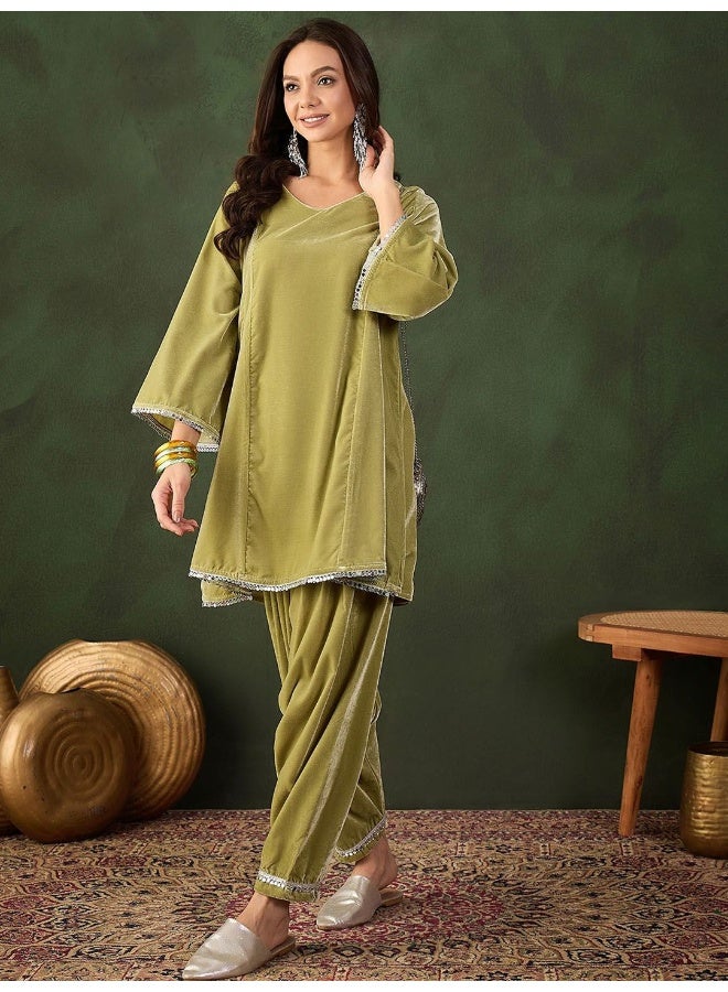 AKS Mehendi Green Velvet Pakistani Salwar Kurta With MirrorDetail  - Image 4