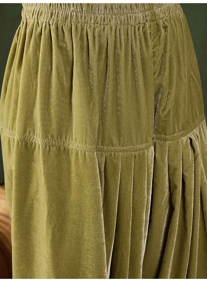 AKS Mehendi Green Velvet Pakistani Salwar Kurta With MirrorDetail  - Image 5