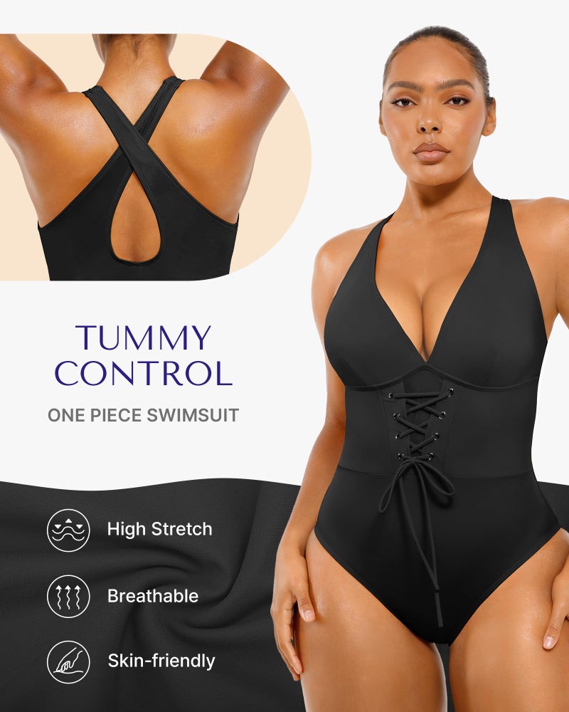SHAPELLX Women's Push Up One Piece Bathing Suits with Crisscross Back V Neck Swimsuits Tummy Control Black M - Image 3