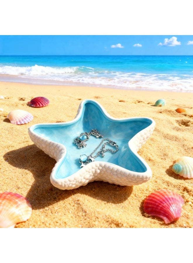 صينية مجوهرات كبيرة من السيراميك على شكل نجم البحر، حامل خواتم على شكل نجم البحر، وعاء نجم البحر، منظّم لطيف للمجوهرات، صينية لتخزين المفاتيح، صوانٍ زخرفية للديكور المنزلي، ديكور مجوهرات من الخزف - Image 3