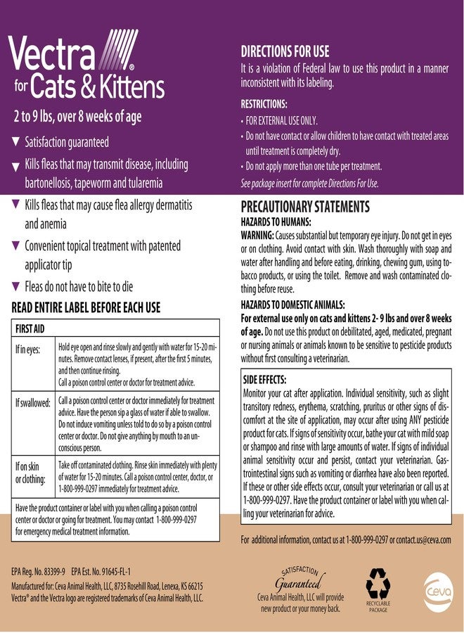 Vectra for Cats & Kittens Flea Treatment & Prevention for Small Cats (2-9 lbs.) 3-Month Supply - Image 2
