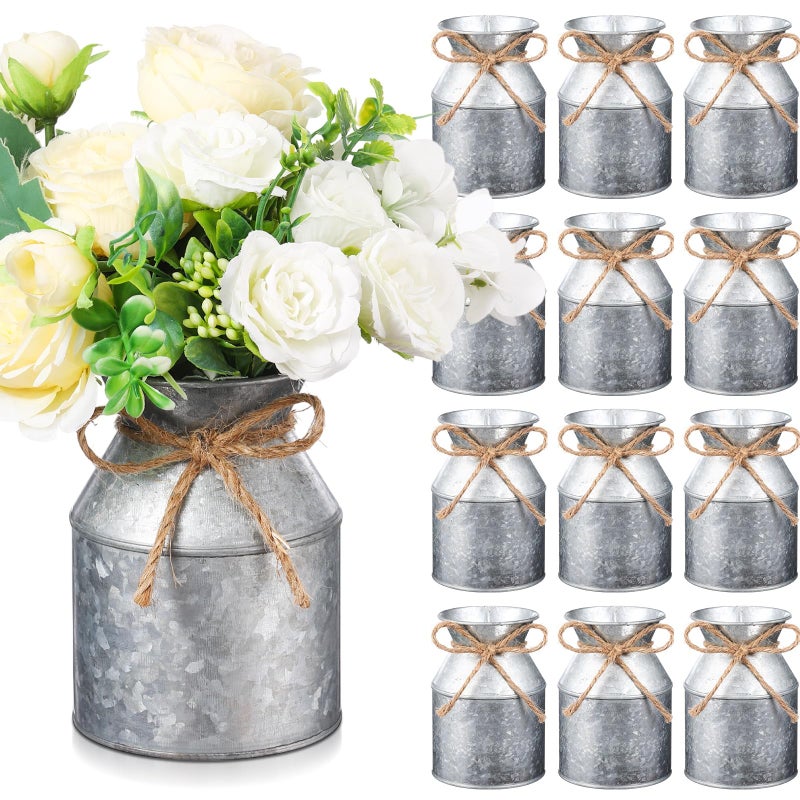 Domensi 12 Pcs 5.12 Inch Farmhouse Metal Flower Vase Galvanized Milk Can Jug Vase with Twine Bow Rustic Flower Buckets for Floral Table Centerpiece Wedding Home Kitchen Decor (5.12 Inch,Iron Color) - Image 1