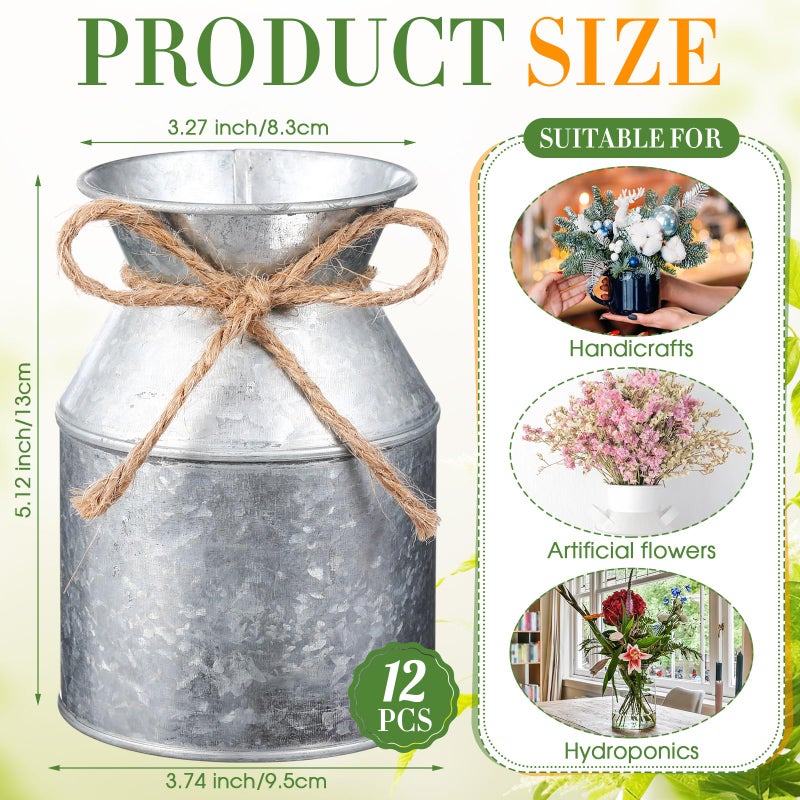 Domensi 12 Pcs 5.12 Inch Farmhouse Metal Flower Vase Galvanized Milk Can Jug Vase with Twine Bow Rustic Flower Buckets for Floral Table Centerpiece Wedding Home Kitchen Decor (5.12 Inch,Iron Color) - Image 3