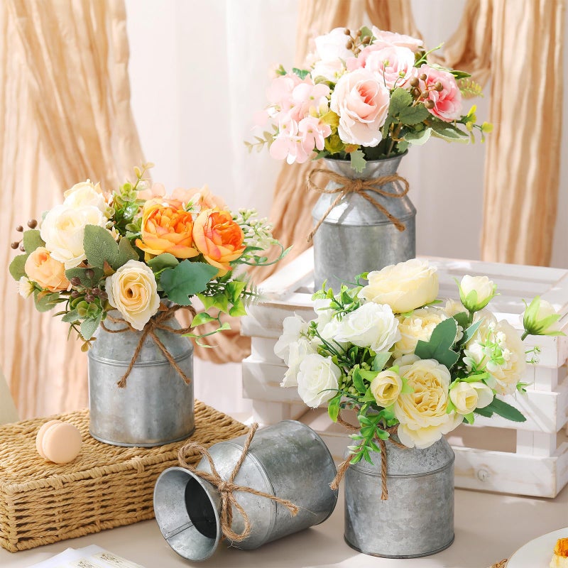 Domensi 12 Pcs 5.12 Inch Farmhouse Metal Flower Vase Galvanized Milk Can Jug Vase with Twine Bow Rustic Flower Buckets for Floral Table Centerpiece Wedding Home Kitchen Decor (5.12 Inch,Iron Color) - Image 2