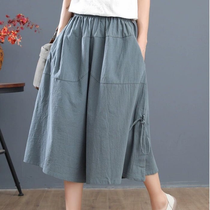 Summer large size 200kg womens pants loose bloomers wide leg pants elastic waist womens skirt pants cropped pants skirt Retro Grey - Image 1