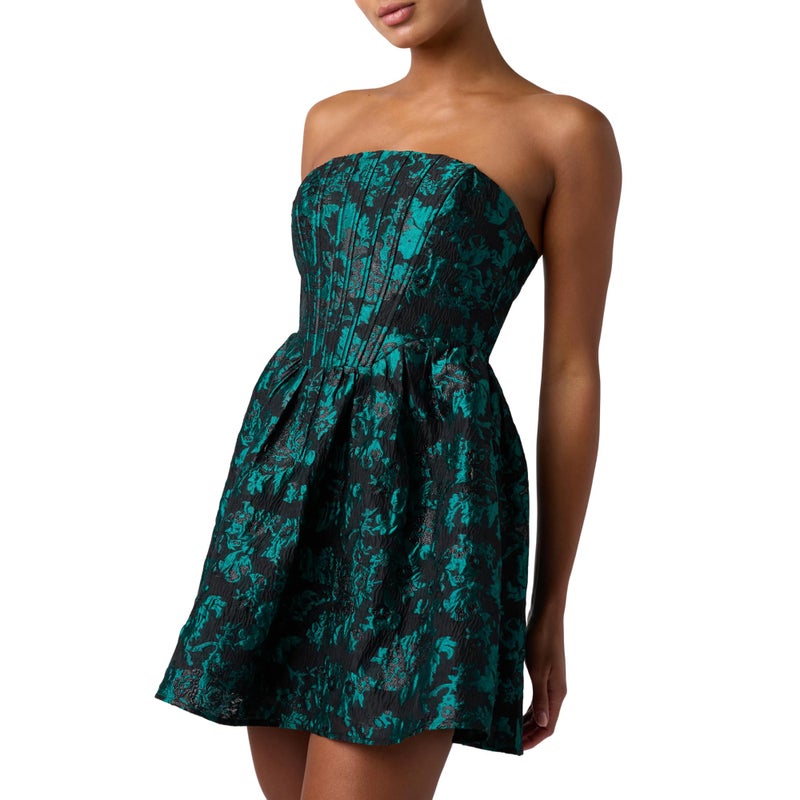 Lulus Ayla Jacquard Mini Dress Womenâ€™s Strapless Bustier Cocktail Dress with A-Line Skirt and Lace-Up Back, Size, Color Emerald - Image 1