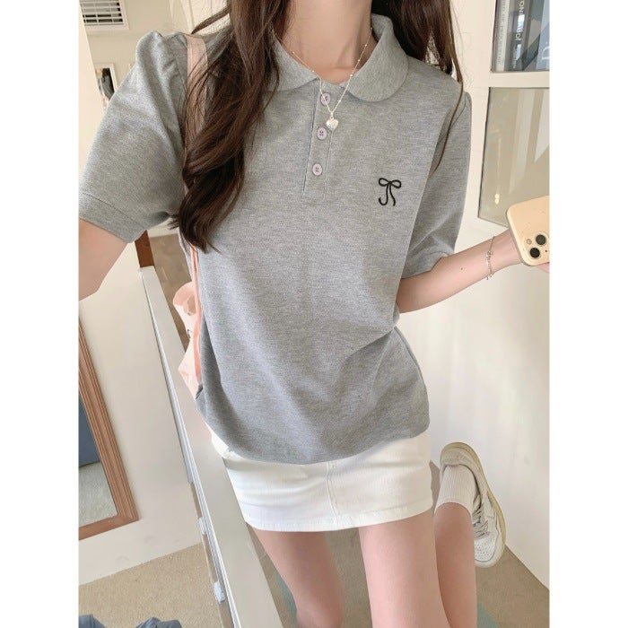 Pearl Doll Collar Bow Embroidered Short-Sleeved T-Shirt Women'S Summer Loose Slimming Korean Style Half-Sleeved Top Trendy - Image 1