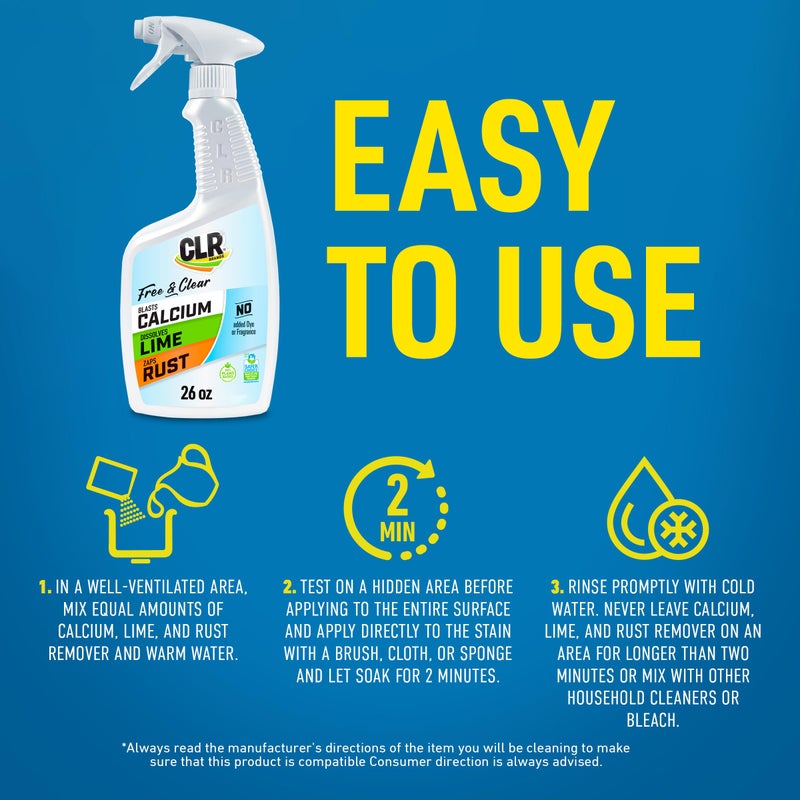 CLR BrandsÂ® Calcium, Lime & Rust Remover Free & Clear, No Dyes or Fragrances, Gentle Lime and Bathroom Descaler, Removes Hard Water Stains and Rust Deposits, 26 Oz Bottle (Pack of 1) - Image 5
