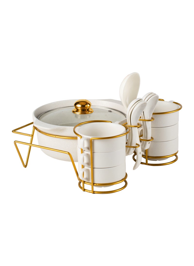 Shallow Shallow Porcelain 16-Piece Soup Set with Matt Fleck Gold Stand Rack  - Image 1