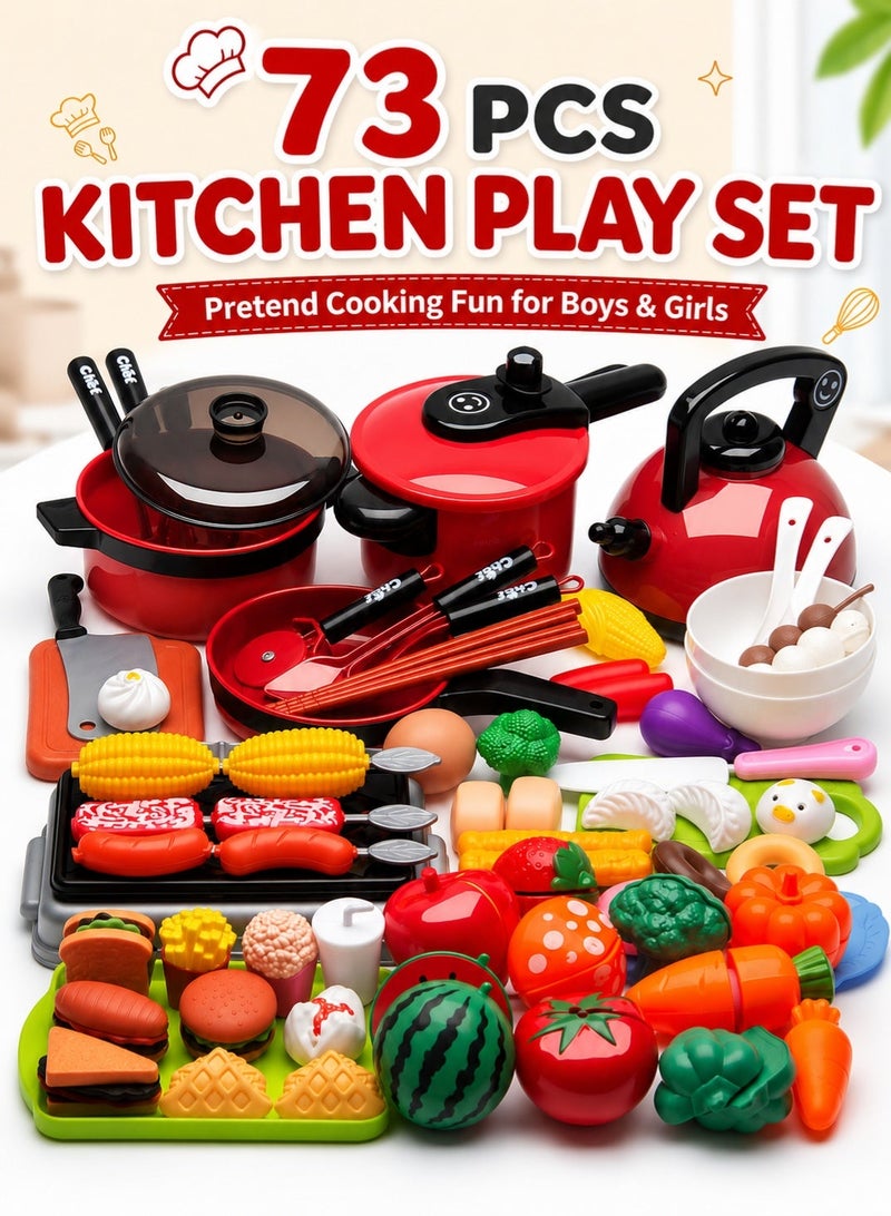 GOOGO Kids Kitchen Game Set of 73 Pcs,Pretend Playset for Boys and Girls,Cutting Fruit Toy,Simulation Cooking Game - Image 1