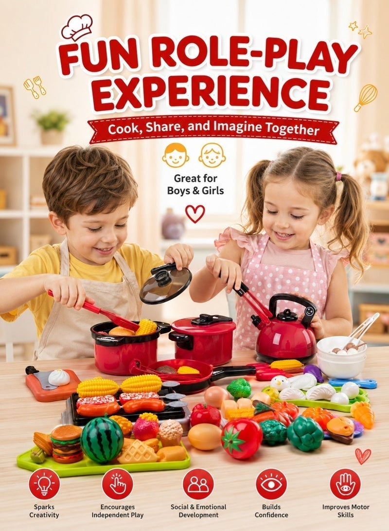 GOOGO Kids Kitchen Game Set of 73 Pcs,Pretend Playset for Boys and Girls,Cutting Fruit Toy,Simulation Cooking Game - Image 5