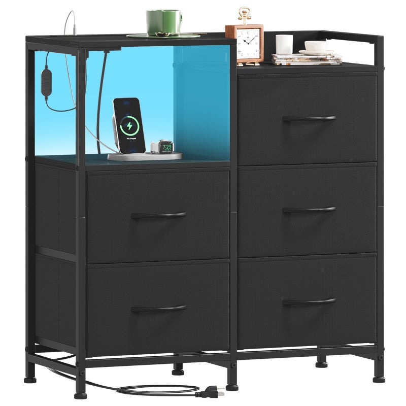 Somdot Black Nightstand with Charging Station and LED Light, Wide 5 Drawers Dresser for Bedroom with Fabric Bins and Open Shelf for Bedroom Kids Closet Dorm Guest Room, Black - Image 1