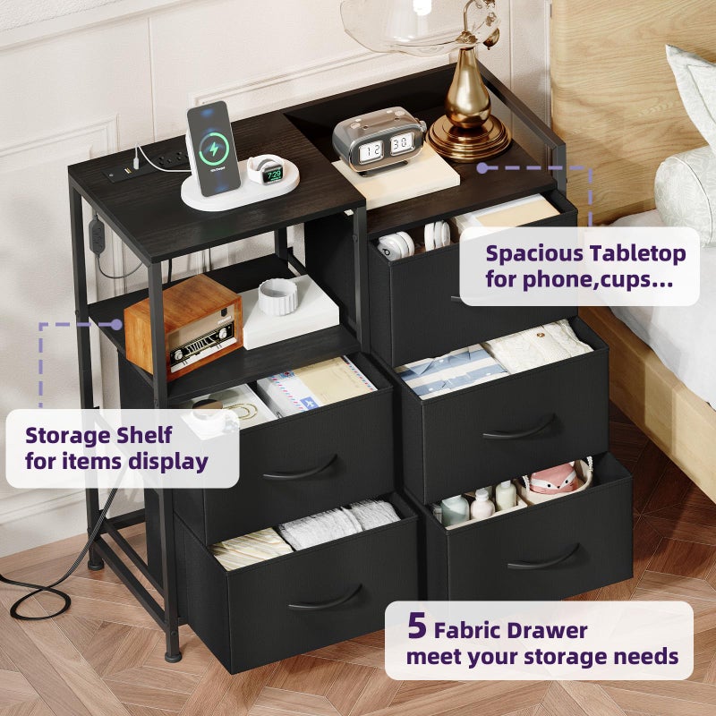 Somdot Black Nightstand with Charging Station and LED Light, Wide 5 Drawers Dresser for Bedroom with Fabric Bins and Open Shelf for Bedroom Kids Closet Dorm Guest Room, Black - Image 5