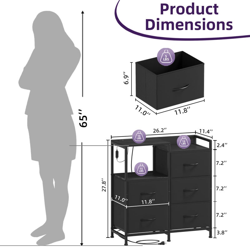 Somdot Black Nightstand with Charging Station and LED Light, Wide 5 Drawers Dresser for Bedroom with Fabric Bins and Open Shelf for Bedroom Kids Closet Dorm Guest Room, Black - Image 2