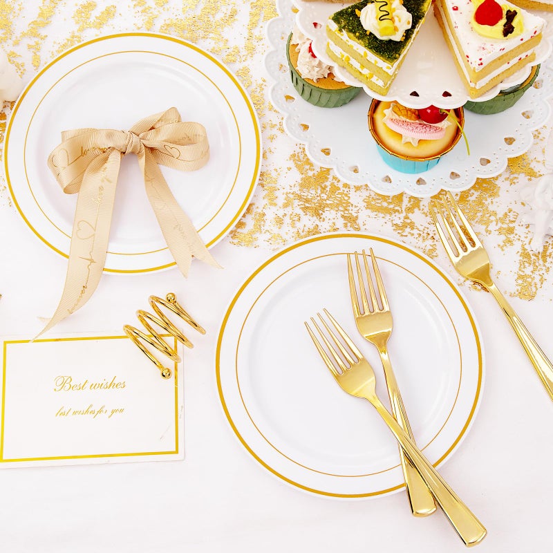 I00000 72 Pcs Heavy Weight Plastic Plates  7.5"" - Gold Rimmed Dessert & Appetizer Plates for Parties & Thanksgiving  Includes 72 Gold Plastic Forks - Image 4