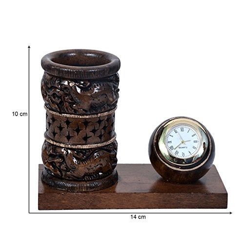 Craft Trade Wooden Pen Stand with Clock - Pen for Desk and Study Table Desk Organizer for Office Table Handcrafted Pencil Holder - Image 2