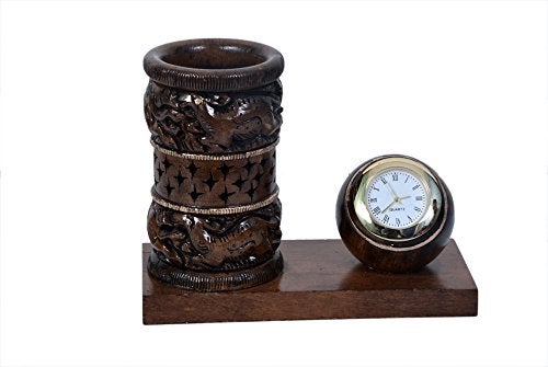 Craft Trade Wooden Pen Stand with Clock - Pen for Desk and Study Table Desk Organizer for Office Table Handcrafted Pencil Holder - Image 5
