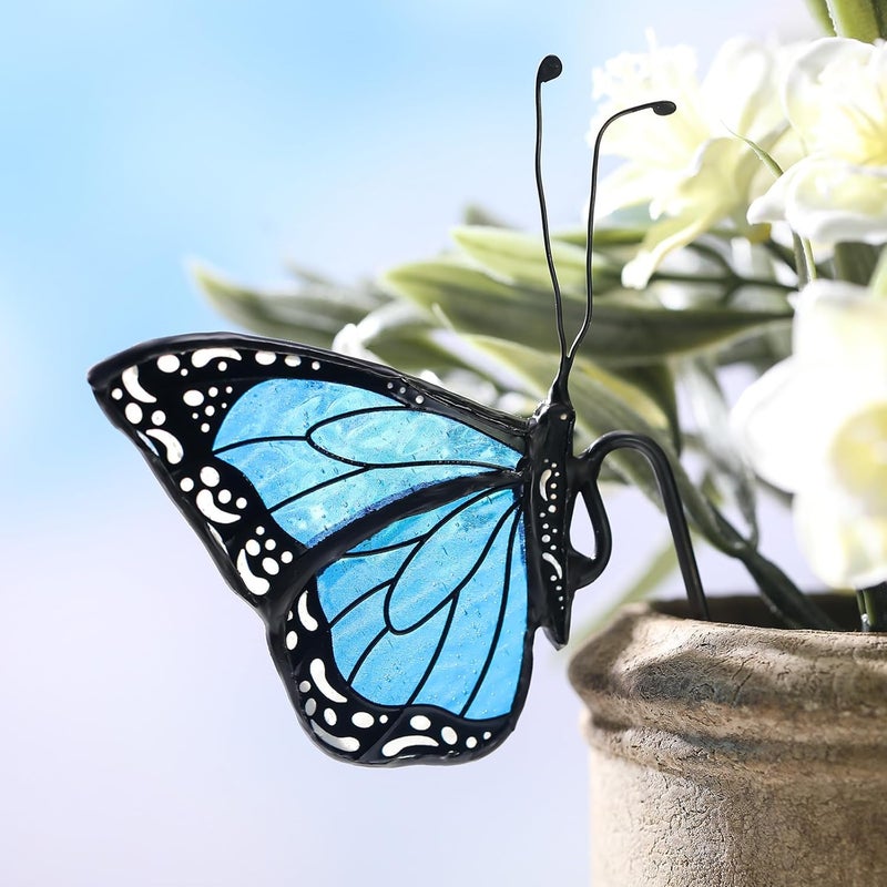 Geelin 1 Pc Stained Glass Butterfly Suncatcher Flower Pot Decoration Metal Plant Pot Hangers Colorful Butterfly Garden Yard Suncatcher Decor for Spring Home Indoor Outdoor Decor(Blue,Chic) - Image 3