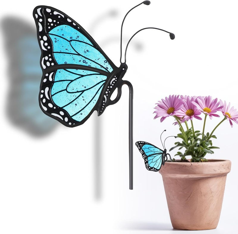 Geelin 1 Pc Stained Glass Butterfly Suncatcher Flower Pot Decoration Metal Plant Pot Hangers Colorful Butterfly Garden Yard Suncatcher Decor for Spring Home Indoor Outdoor Decor(Blue,Chic) - Image 1