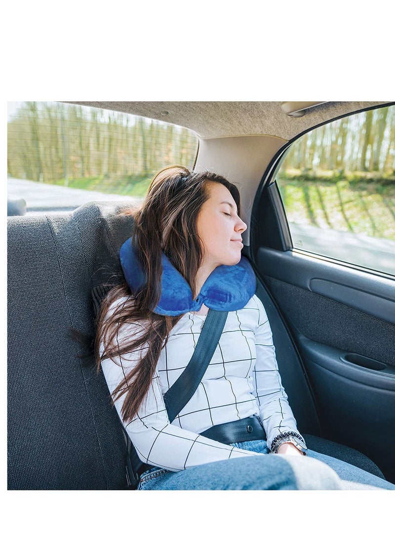 Travel Pillow (Blue) Sleep with NO Neck Pain, Super Soft Memory Foam Easy Washing with Removable Cover - Image 1