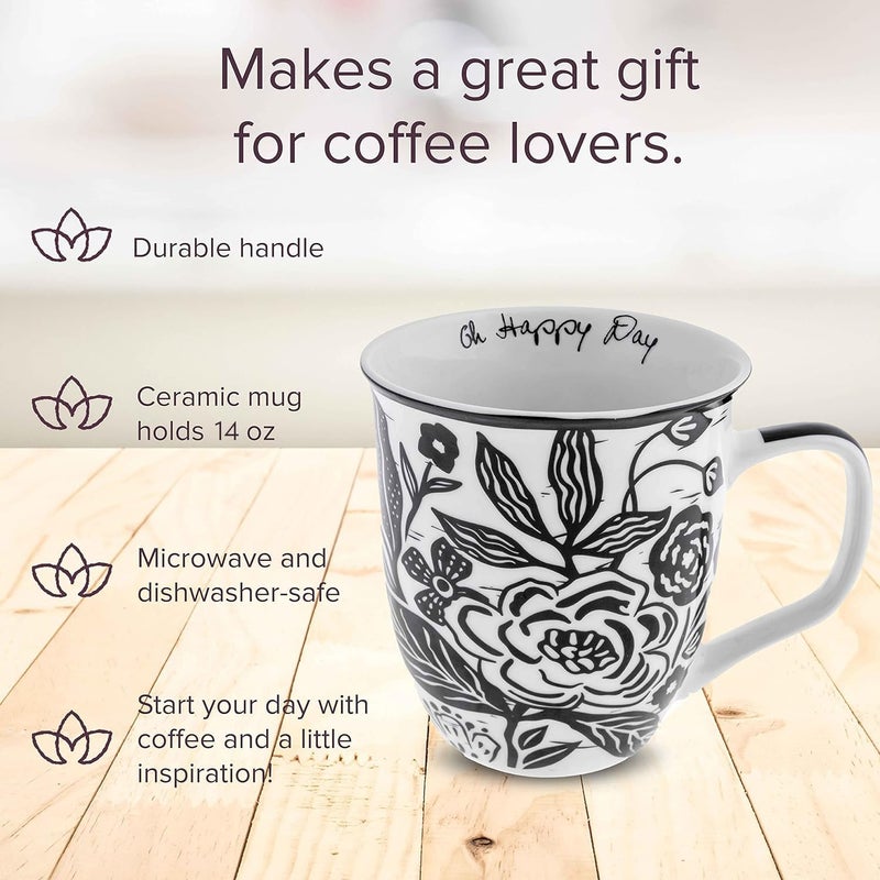 Karma Gifts 16 oz Black and White Boho Mug Floral - Cute Coffee and Tea Mug - Ceramic Coffee Mugs for Women and Men, 4.25" x 3.7" - Image 2