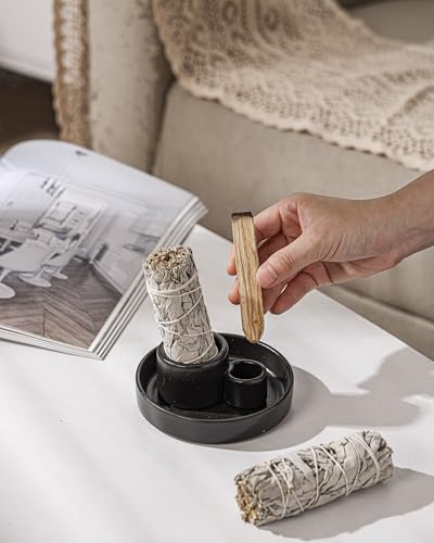 HOCUROAY Ceramic Palo Santo and Sage Holder, Incense Holder for Palo Santo Sticks, Sage Burner Dish Stand with Ash Catcher, Modern Minimalist (Black) - Image 2