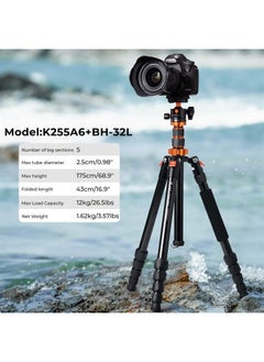 K&F Concept 78 inch/198cm Camera Tripod,3 Sections Central Axis Travel Tripod with 32mm Metal Ball Head Load Capacity 26.4 lbs/12KG for DSLR Cameras Indoor Outdoor Use 