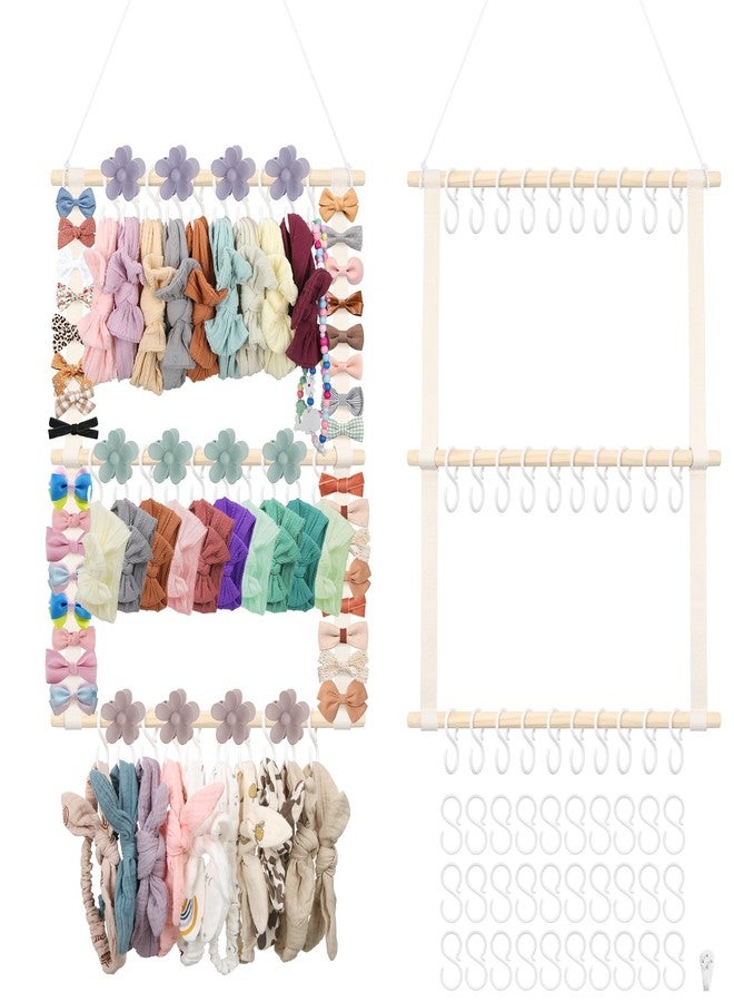 Munzong Headband Holder,Beige Bow Organizer for Baby Girls, Nursery Wall Hanging Clip Storage w/ 30 Hooks, Hair Accessories Organizer Rack Shelf for Toddler Kids Room Decor 15x20inch - Image 1