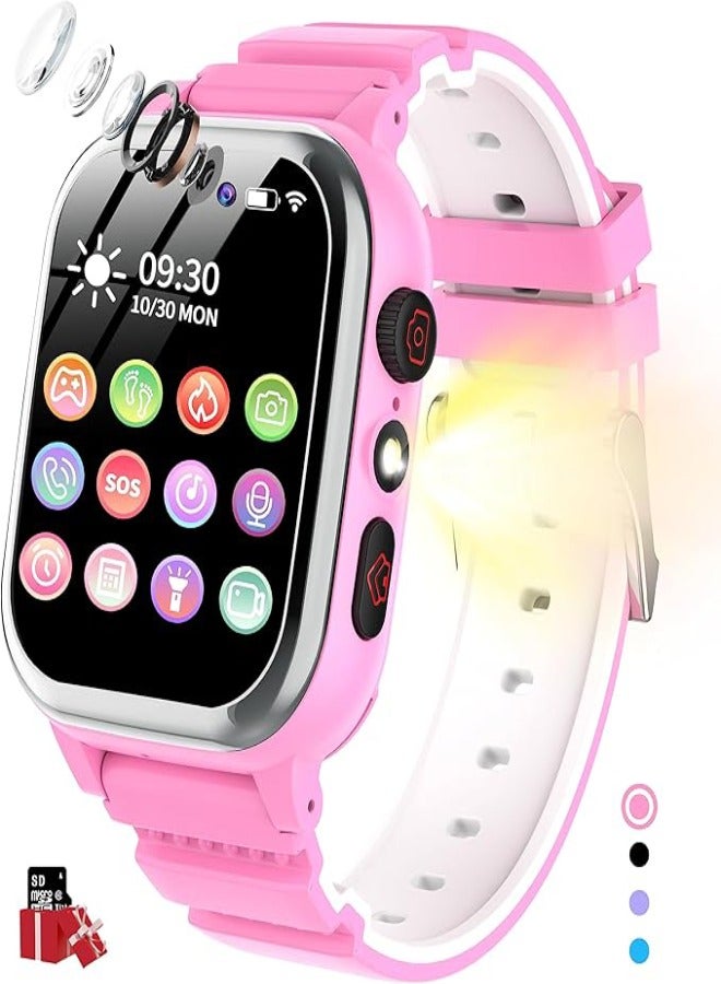 Kids Smart Watch for Boys  Girls with Phone Call, SOS, HD Camera, 26 Educational Games, MP3  Video Player, Pedometer, Calories Counter, Touch Screen – Birthday Gift for Children (1.44” Display) - Pink - Image 1