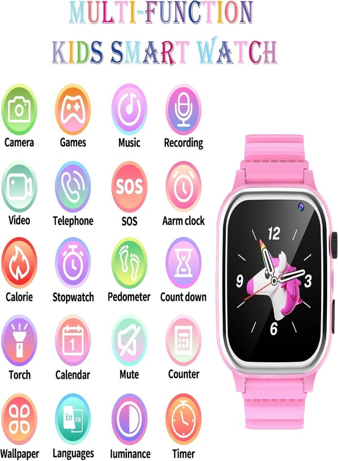 Kids Smart Watch for Boys  Girls with Phone Call, SOS, HD Camera, 26 Educational Games, MP3  Video Player, Pedometer, Calories Counter, Touch Screen – Birthday Gift for Children (1.44” Display) - Pink - Image 2
