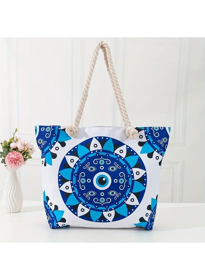 Evil Eye Print Beach Bag - Large Capacity Elegant Shoulder Bag for Vacation Shopping - Image 1