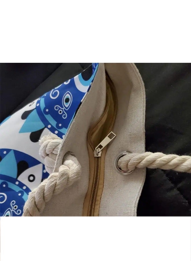 Evil Eye Print Beach Bag - Large Capacity Elegant Shoulder Bag for Vacation Shopping - Image 5