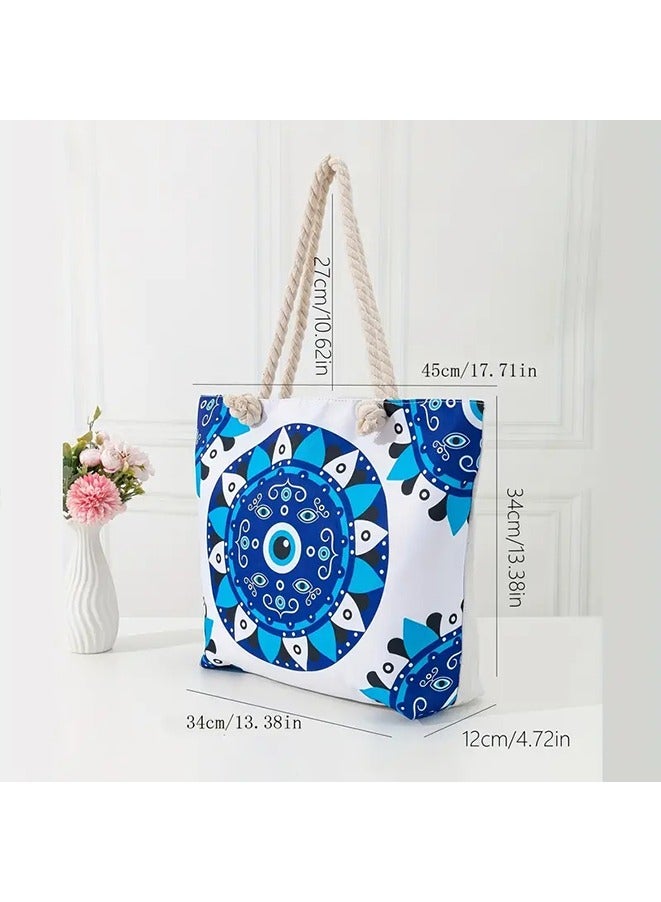 Evil Eye Print Beach Bag - Large Capacity Elegant Shoulder Bag for Vacation Shopping - Image 2